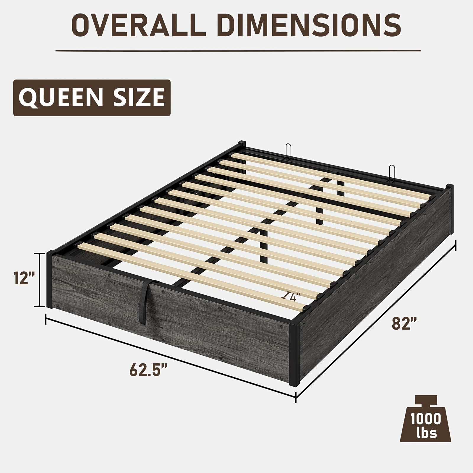TEMU Lift Up Storage Bed With Storage Underneath, Wooden Platform Bed Frame, Solid Wood Slats Support, No Fixed Headboard, Spring Needed
