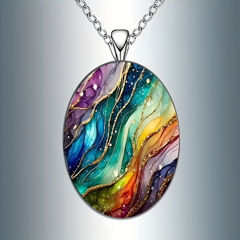 TEMU Vintage-inspired Ripple Oval Glass Pendant Necklace - White Golden Plated, Iron & Alloy, Perfect Gift For