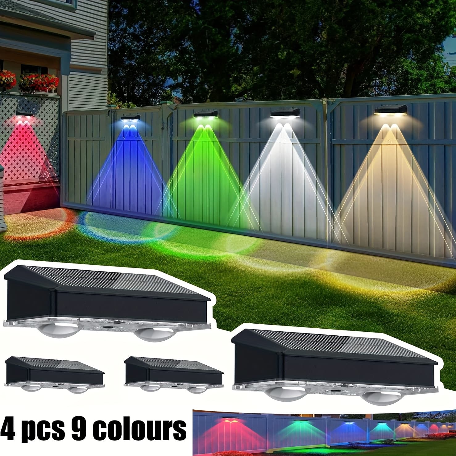 TEMU Solar Fence Lights Outdoor 4pack, Lens Led Fence Lights Solar Powered, Fence Solar Lights Outdoor Led Ip44 With 9 Fixed Colors, Solar Lights For Deck, Fence, Patio, Backyard
