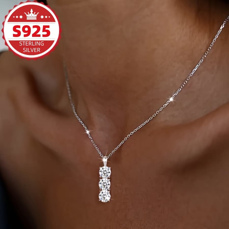 TEMU S925 Sterling Silvery Necklace, 3 Vertical Synthetic Zirconia Pendants, Sparkling , Sexy Accessory, A Gift For Women To Give . Local Warehouse. Total Product Weight: 2.24g