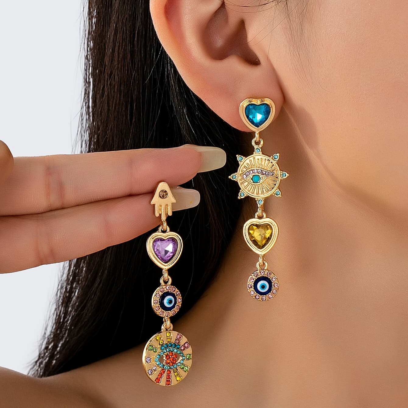 TEMU 1 Pair Of Bohemian Asymmetrical Evil Eye Heart Earrings For Women' Wear, , And Parties