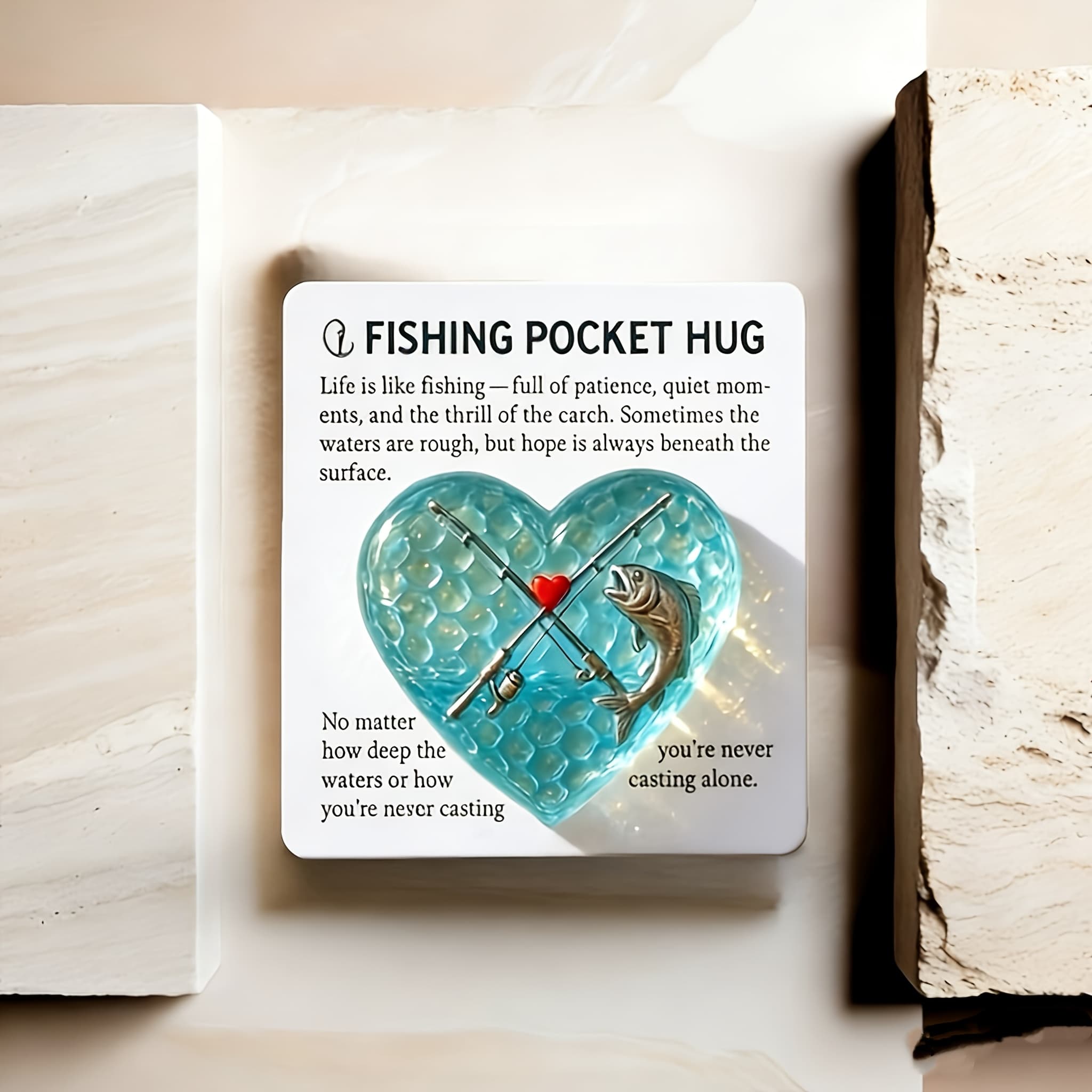 TEMU Fishing Enthusiast Pocket Hug Card - 2d Mini Heart-shaped Fishing Rod Statue With Encouragement Card, Hug Token, And Inspirational Message. Suitable For Room Decoration, Enthusiasts