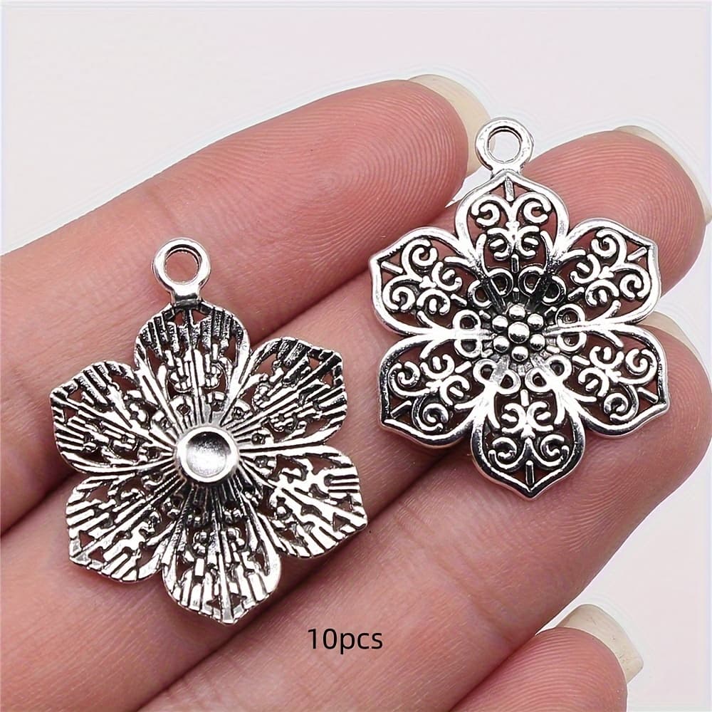 TEMU 10pcs Vintage Hollow Flower Pendant, Antique Silvery, Alloy, 27x24mm, For Diy Handmade Earrings Necklace Accessories
