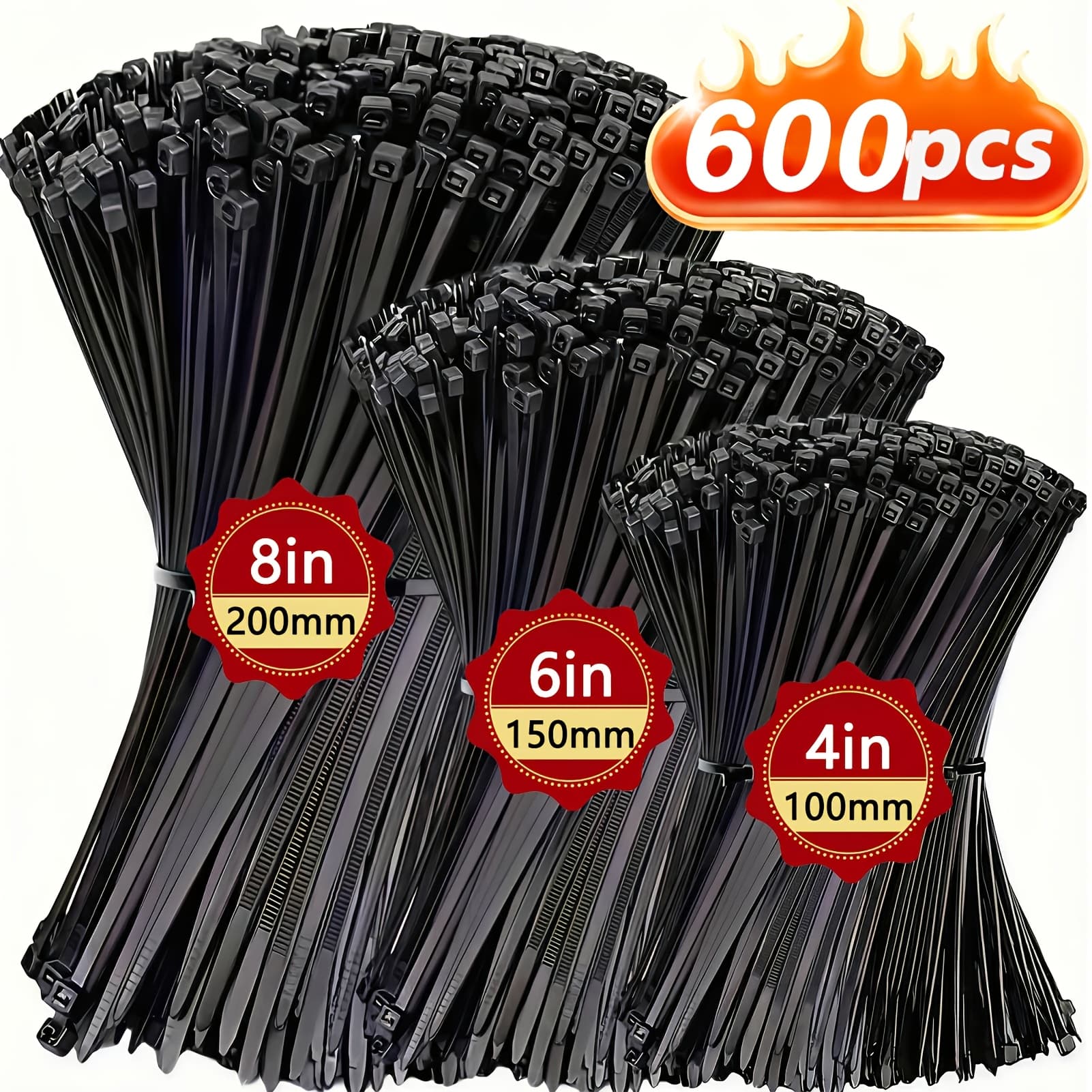 TEMU 600pcs Black Self-locking Nylon Zippers, 4-6-8 Inch Uv Resistant Computer Cable Fixing Straps, Suitable For Indoor Outdoor Ties