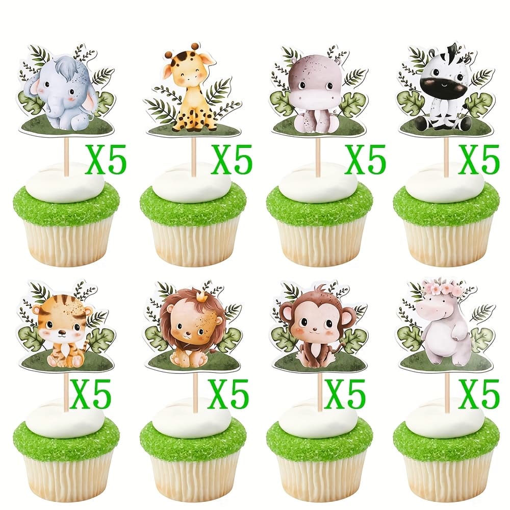 TEMU 40pcs Jungle Animal Cupcake Toppers - Wild Forest Creatures Including Elephant, Giraffe, Lion, Hippo, Monkey, Tiger, And Zebra - Birthday Parties And Cake Decorations.