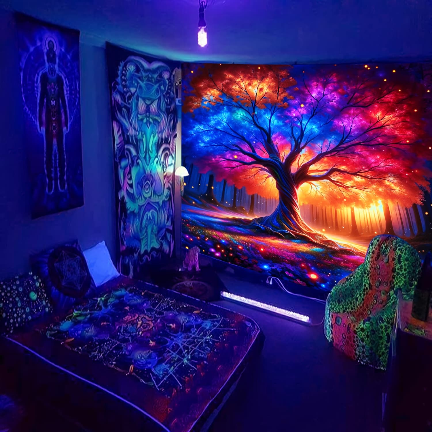 TEMU 1pc Tree Uv Black Light Tapestry, Large Size Fluorescent Tapestry, Bedroom Aesthetic Hanging Tapestry For Bedroom Office Living Room Home Decor, With Free Additions