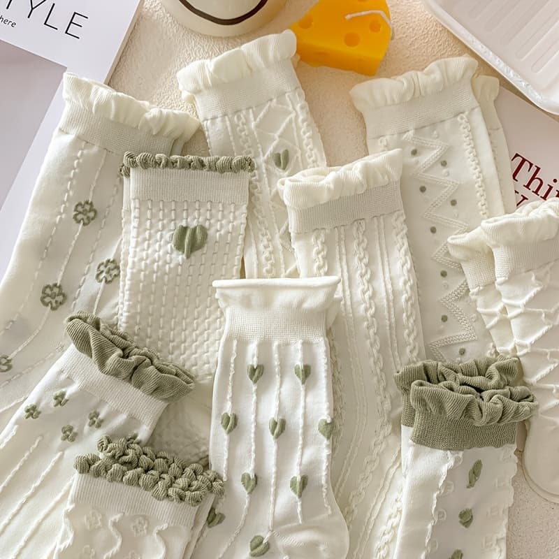 TEMU 10 Colors And 10 Pairs Green Women's Socks Lace Socks, Sweet, White Versatile Ins, Stockings