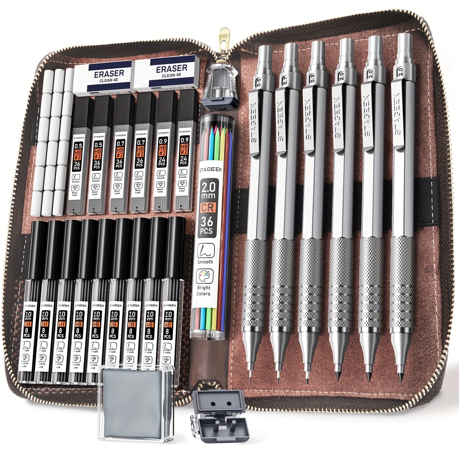 TEMU 30pcs Art Metal Mechanical Pencil Set With Leather Case, 6pcs Art Drafting Pencils 0.5, 0.7, 0.9, 2.0mm Mechanical Drawing Pencils With 300pcs Leads For Writing Sketching Drawing