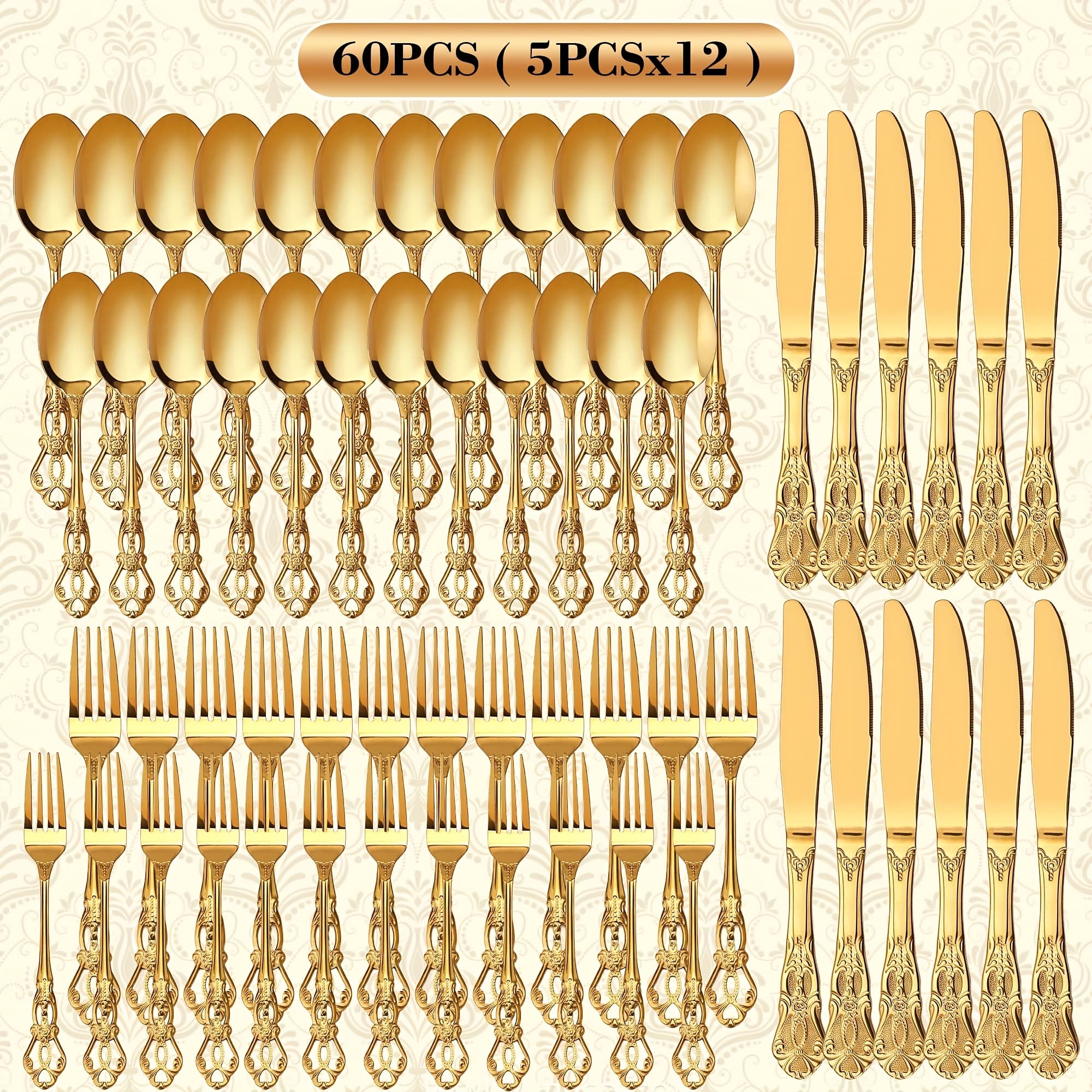 TEMU 20/48/60 Golden Silverware Set, Design, Suitable For 4/8/12 People, Elegant - Knife For Wedding, Restaurant & Home Dining, , Silverware Set, Christmas, Kitchen Items