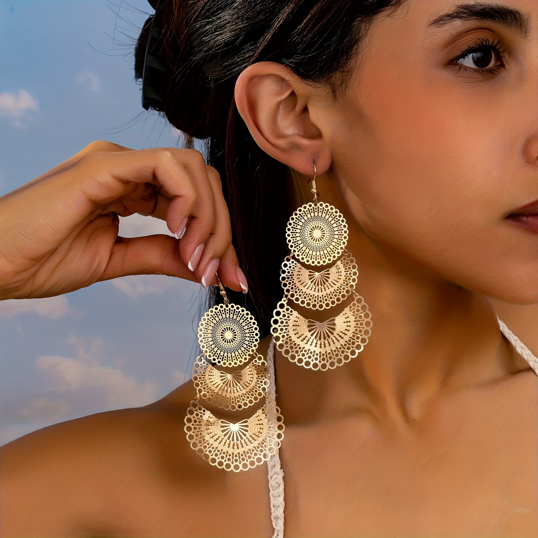 TEMU 1 Pair Bohemian Fashion Round Fan-shaped Hollow Long Earrings, Suitable For Women' Wear And Vacation