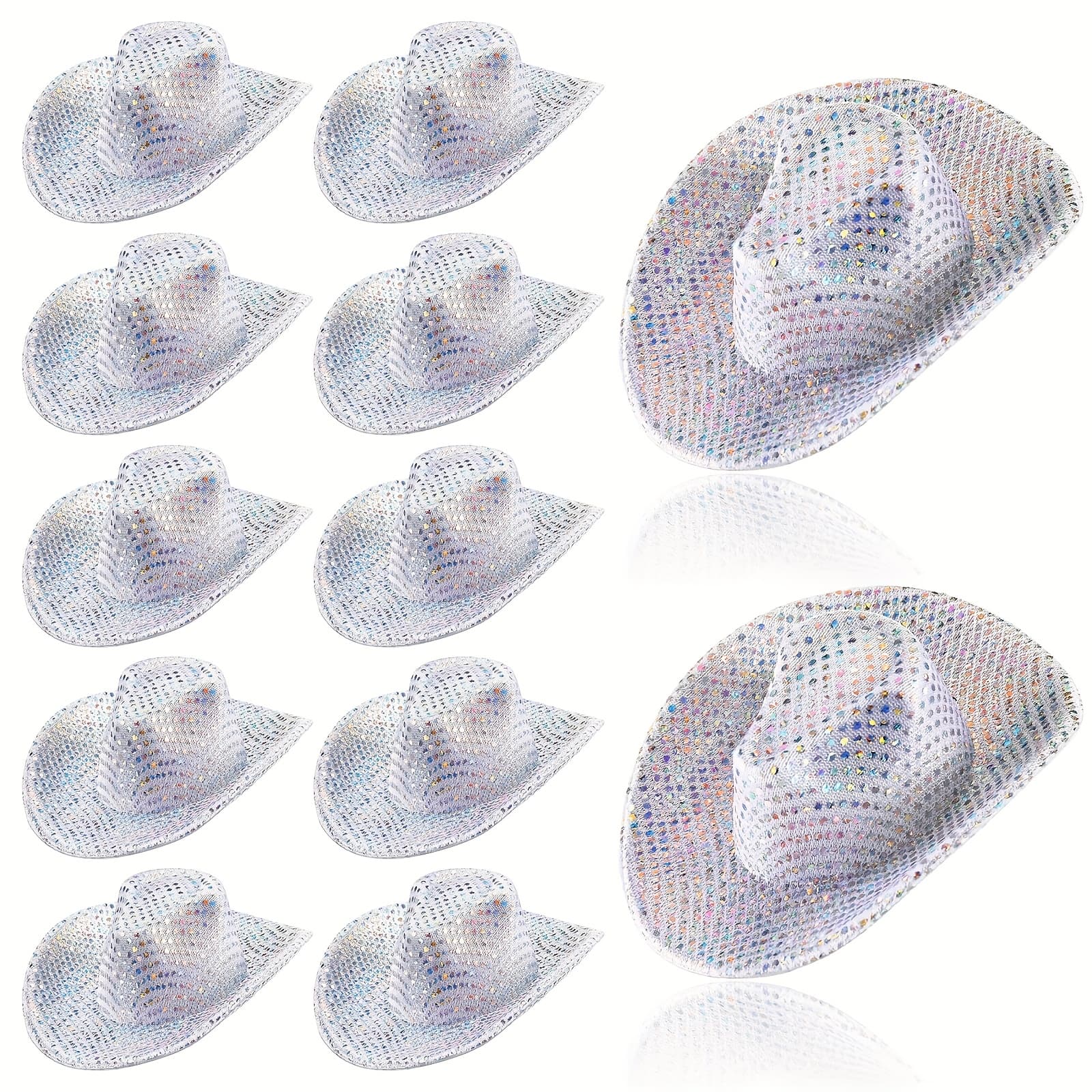 TEMU Mini Disco Cowboy Hat Tiny Light Up Holographic Space Cowgirl Hat Neon Party Decor For Party Doll, 12 Pcs(silvery)