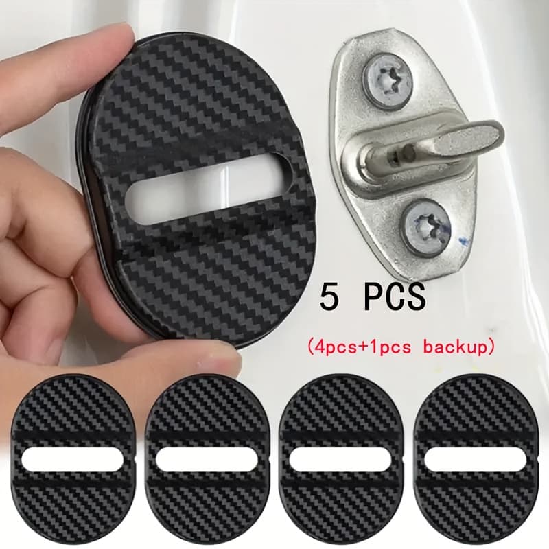 TEMU 5pcs Universal Car Door Lock Cover Protectors - Durable Abs Plastic, Rust-resistant, Anti-scratch Car Safety Protectors, With Carbon Fiber Pattern, Fit For Most Vehicles