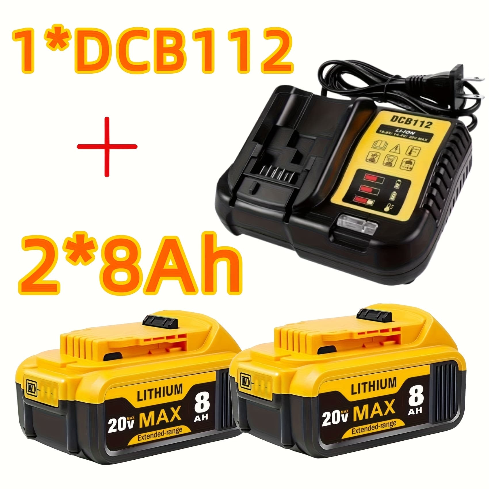 TEMU 2pack 8.0ah Dcb200 Battery And Dcb112 Charger Combo, 20v Battery Charger Replacement For 20v Dcb200 Dcb206 Dcb204 Dc118 Dcb112 Lithium-ion Charger Kit Replace For Dcb101 Dcb105