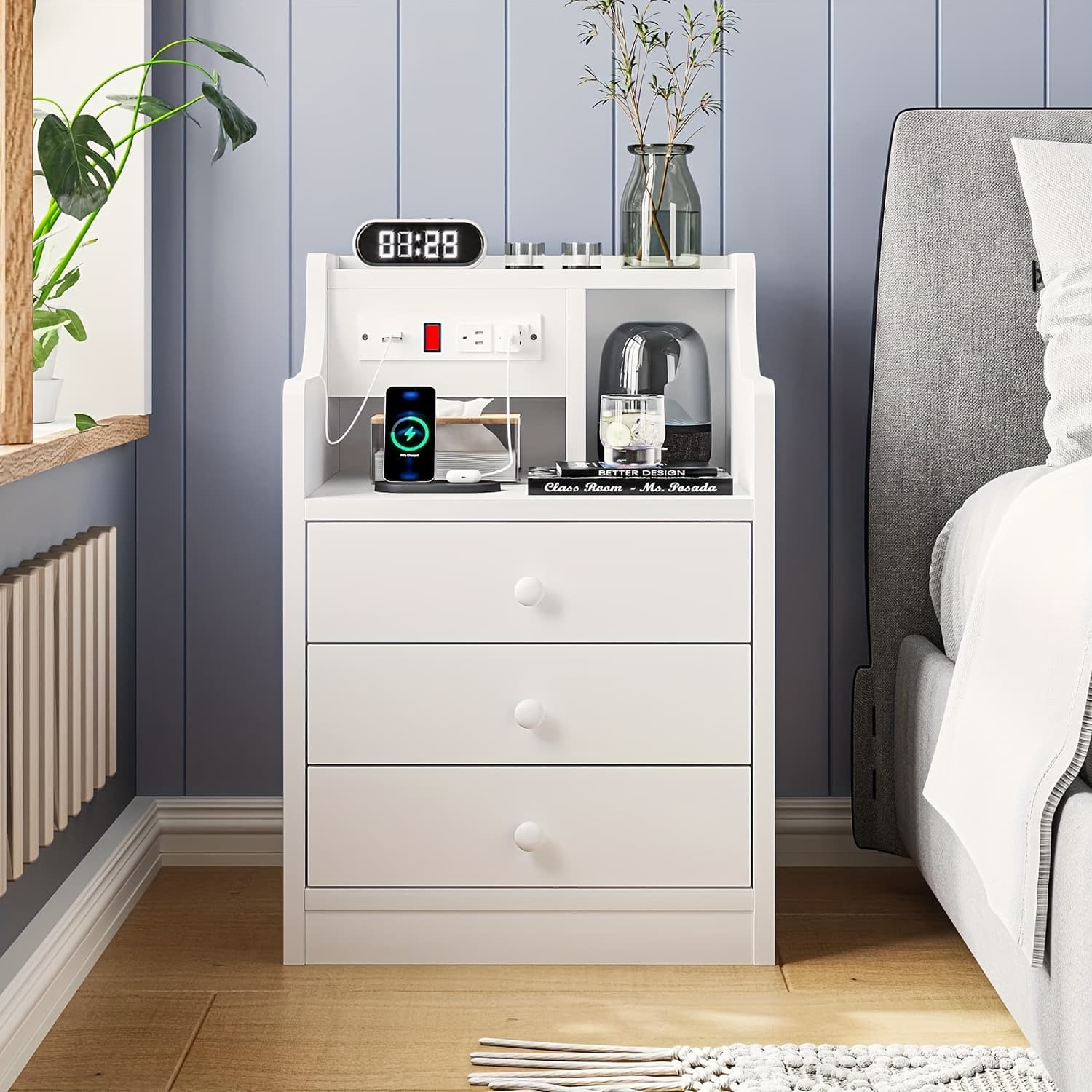 TEMU 1pc White Nightstand With 3 Storage Drawers And Hutch, Modern End Side Table For Bedroom, Nightstand With Charging Station