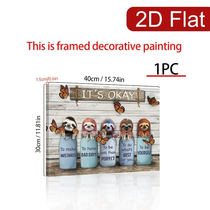 TEMU 2d Flat, 2d Flat, 1pc Wooden Framed Canvas Painting, Sloth , It' S Ok To Make , Wall Art Prints With Frame, For Living Room & Bedroom, Home Decoration, Festival Gift For Herhim, Ready To Hang
