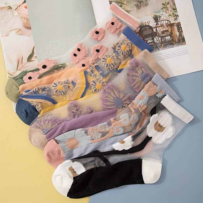 TEMU Five-pair Assorted Floral Lace Sheer Mid-calf Socks