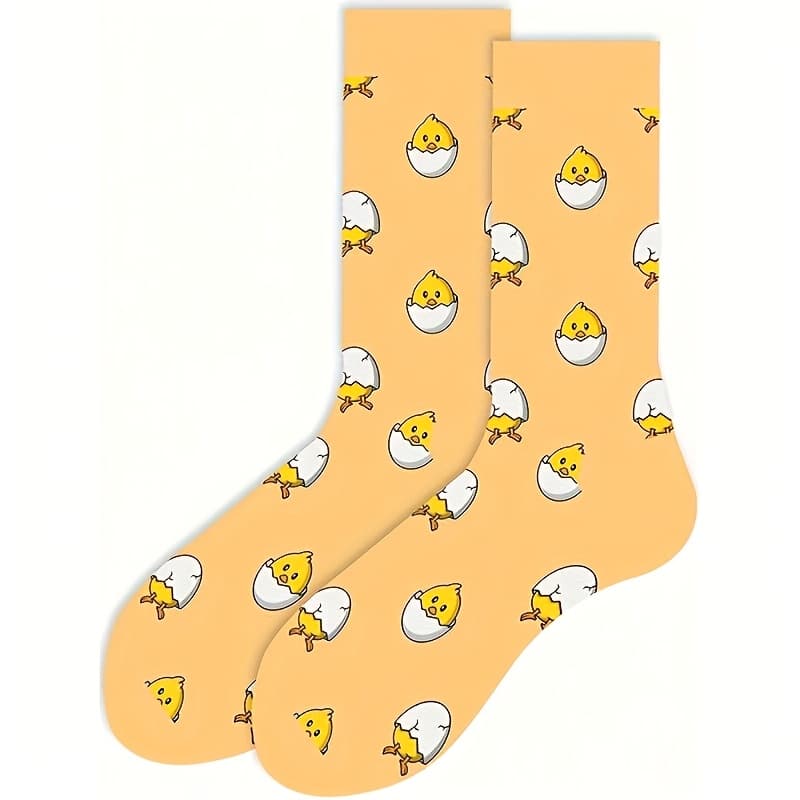 TEMU 1-pair Print Crew Socks - Breathable Mid-calf Suitable For , Unisex Chicken-themed Socks With Rooster, Machine Washable Gift For &, Casual Wear Or Themed Outfits
