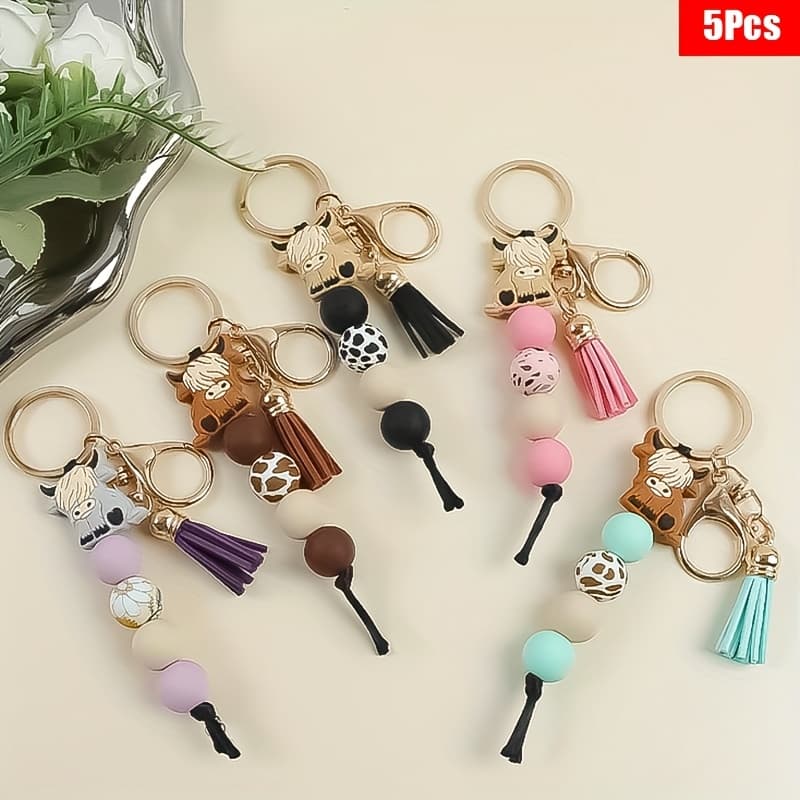 TEMU Set Of 5 Western Cowboy-themed Silicone Bead Keychains Featuring Adorable Highland Cows, Perfect For Holiday Gifts