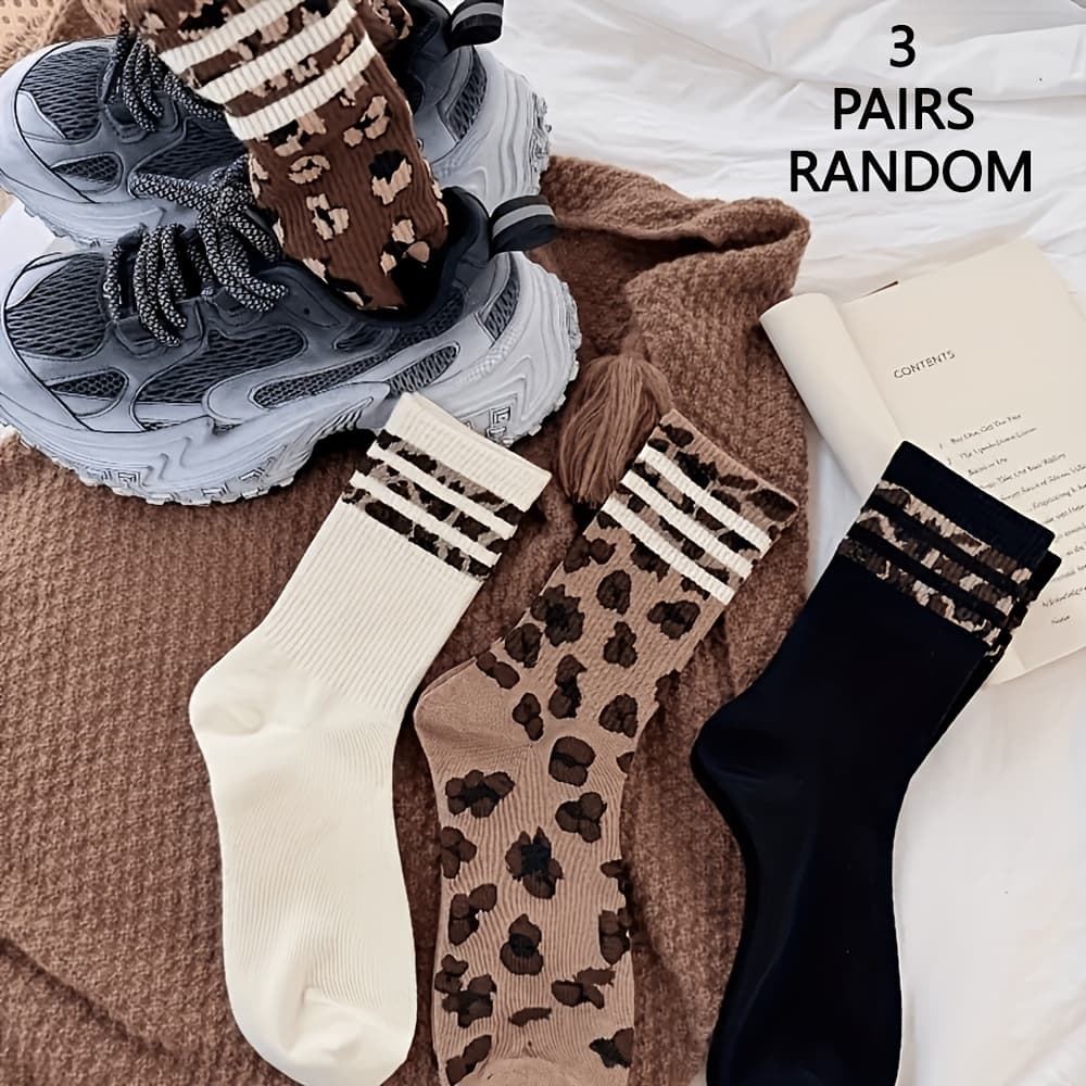 TEMU 3 Pairs Women's Stylish Mid-calf Socks, Suitable For Daily Outdoor & Casual Wear. Fashion Leopard Print Sports Socks, Trendy Striped Over-the-calf Long Socks