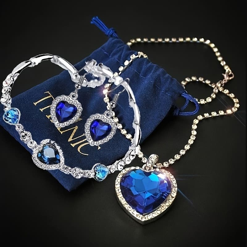 TEMU Heart Of Jewelry Set (velvet Bag + Necklace + Bracelet + Earrings)