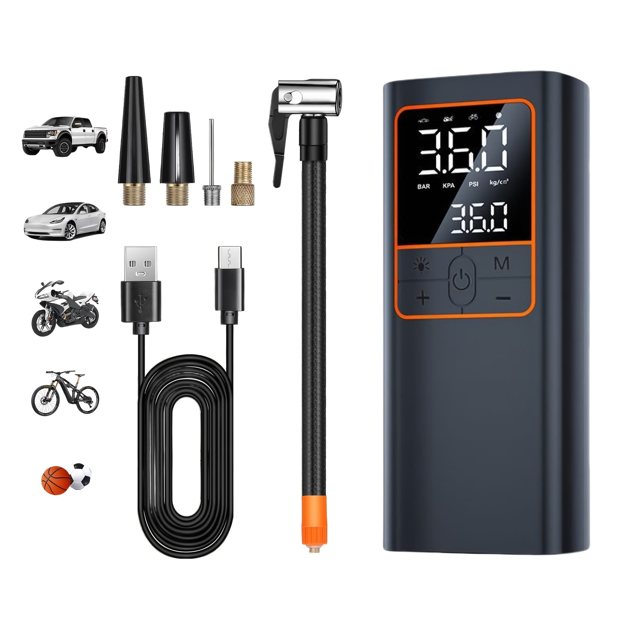 TEMU Tire Inflator Portable Air Compressor- 150psi & 20000mah Cordless Air Pump With Digital Tire Pressure Gauge, Accurate Dual Lcd Display & Led Light, For Car/motorcycle/e-bike/ball thumbnail 2