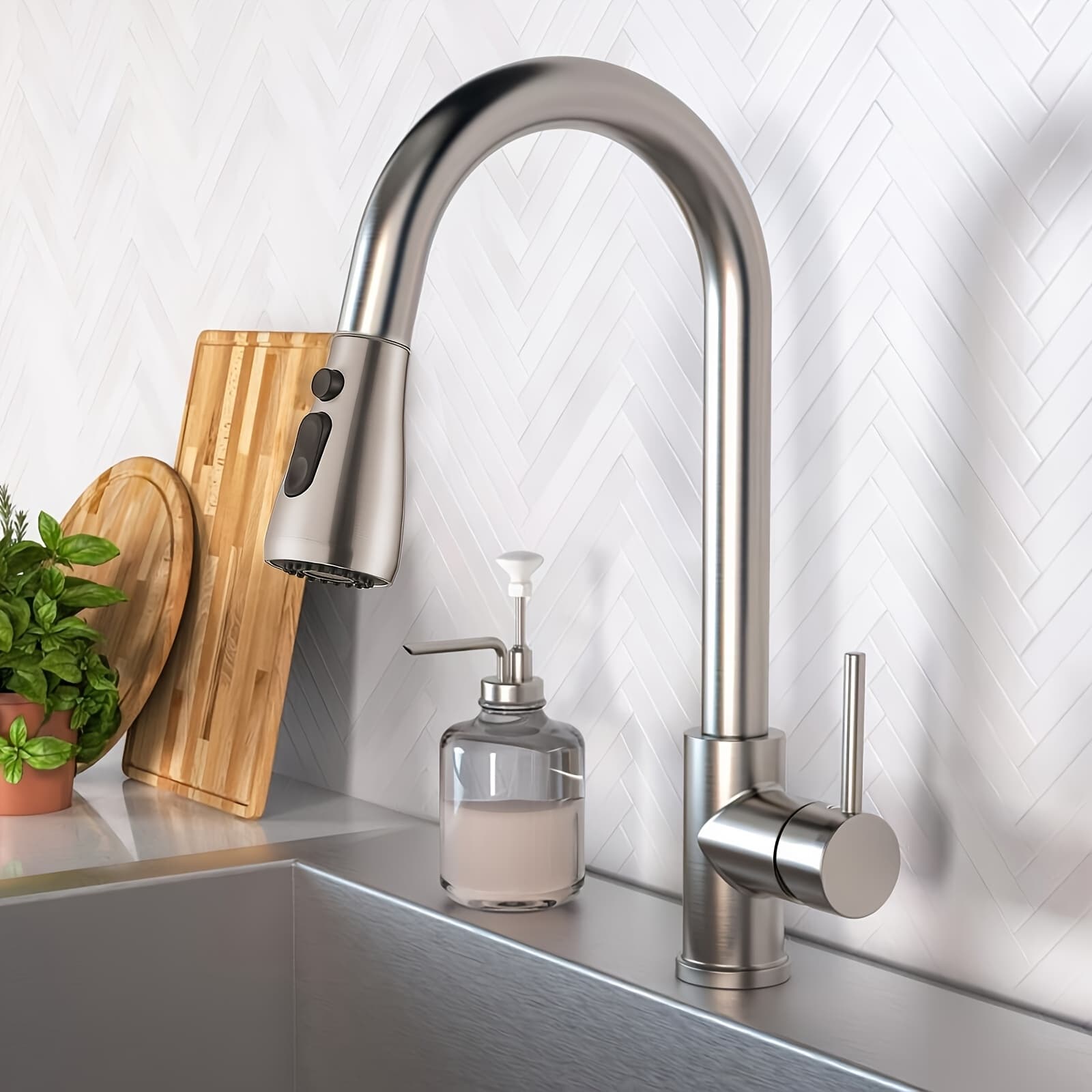 TEMU 1pc Kitchen Faucet With Pull Down Sprayer, Brushed Nickel High Arc Single Handle Kitchen Sink Faucet, Stainless Steel Commercial Modern Rv Faucets