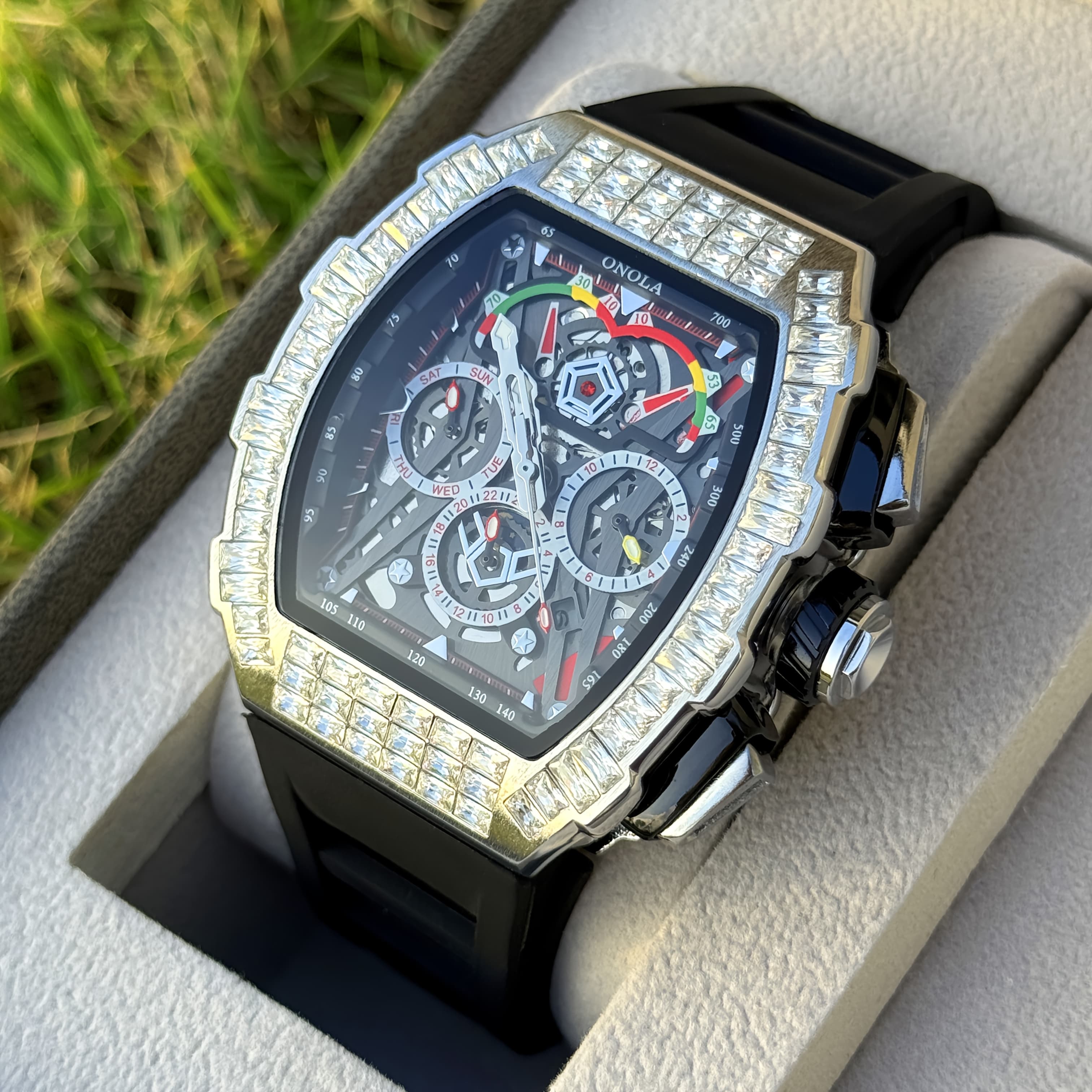 TEMU Onola Men's Multifunctional Automatic Watch - Mechanical Sports Watch With Date Display, Silicone Strap, 3atm, Dial, Alloy Case - Ideal For Easter, Father's Day, Campus Gifts, Without Battery