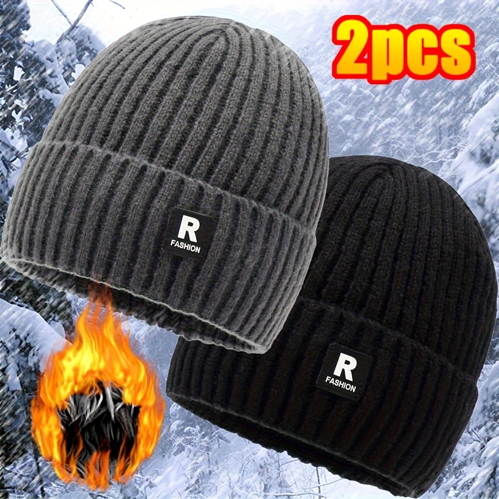 TEMU 2pcs Men's Plush Thick Knitted Hat Outdoor Cycling Cold Proof Big Head Knitted Hat Ski Hat