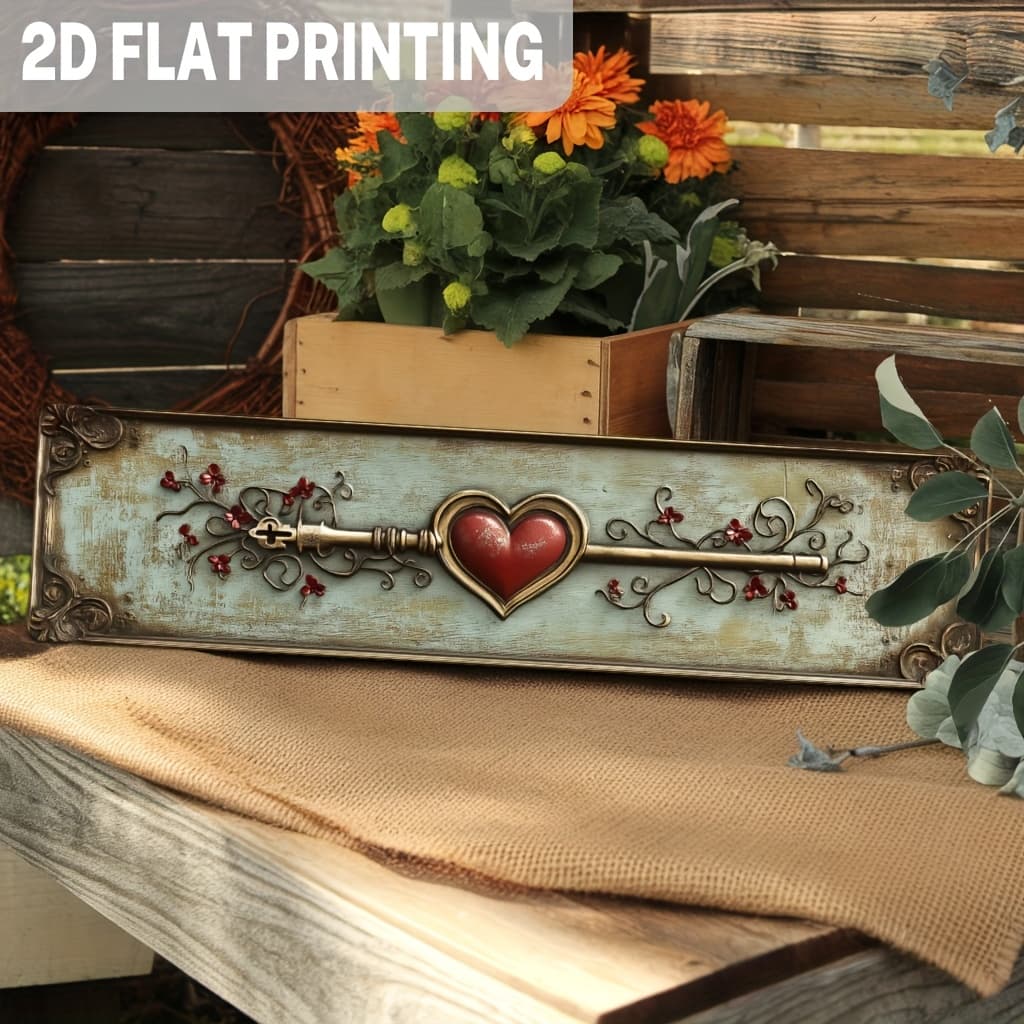 TEMU 2d Flat, 2d Flat,1pc,rustic Heart Key With Flowers Metal Sign, Wall Decor,wall Art,for Bedroom,living Room,wedding,anniversary,valentine's Day Decorative Sign,3.93x15.74 Inch, 2d Flat