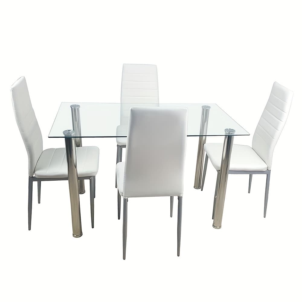TEMU Fch 4-seat Easy Rectangular Cylindrical Leg Table Tempered Glass Stainless Steel Clear Glass 110 X 70 X 75cm