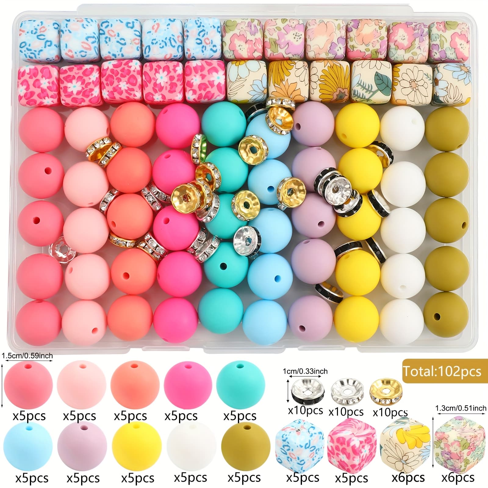 TEMU 102pcs Silicone Bead Jewelry Box Set With Watermark, Leopard Print, And Printed Beads, Suitable For Diy Crafts, Bead Pen, Keychain Pendant, Comes With Storage Box