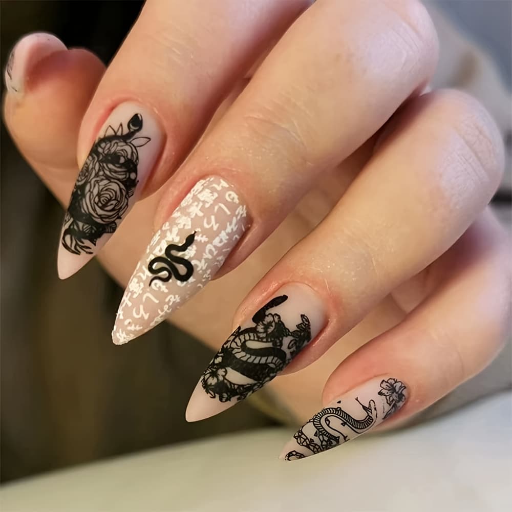 TEMU Almond-shaped Snake Pattern Matte Wearable Nail Art Fake Nail Stickers, Of 24pcs