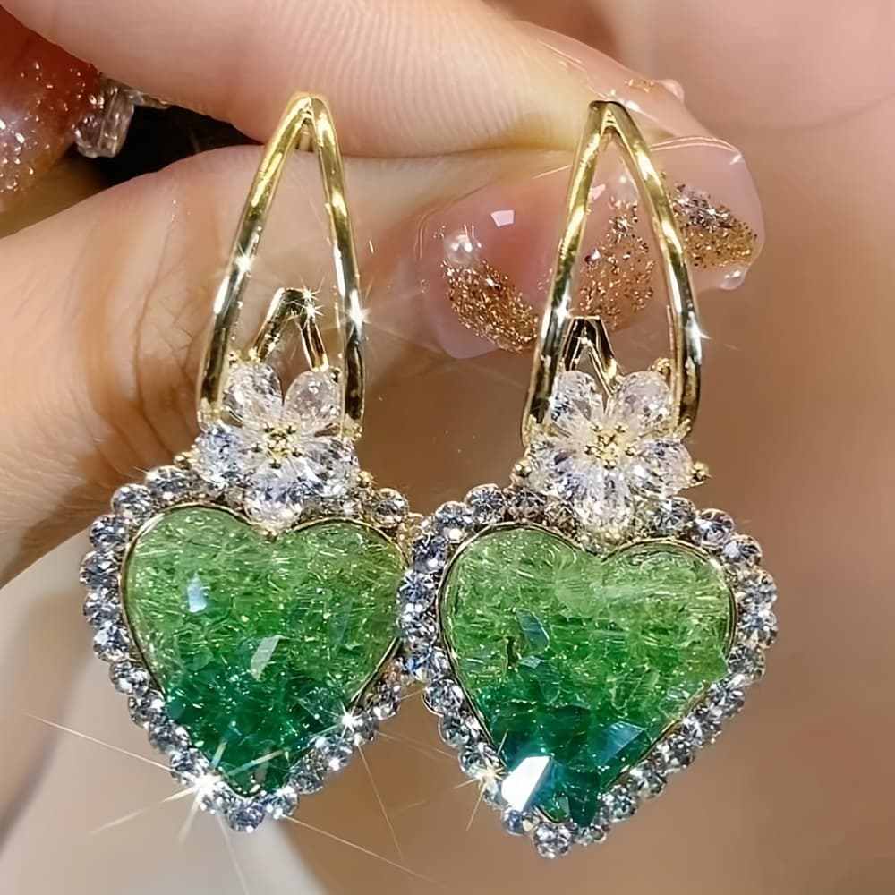 TEMU Heart-shaped Artificial Crystal Inlaid Pendant Earrings - Sparkling Handmade Jewelry, Fashionable And -garde - Low Allergenicity, Long-lasting Shine - The Perfect 's Day Gift For Lovers