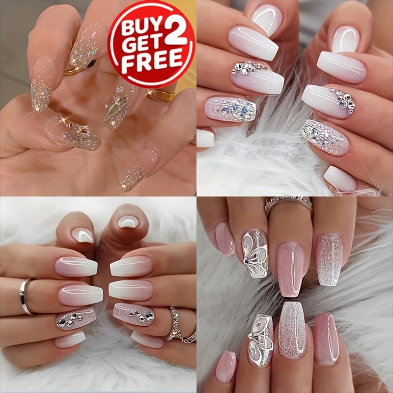 TEMU 4 Packs (96pcs) Pink White Gradient Press On Nails, Flower Shiny With Exquisite Design, Mixed Fake Nails Medium Coffin Ballet Glue On Nails Set With Adhesive Tabs Nail File For Women