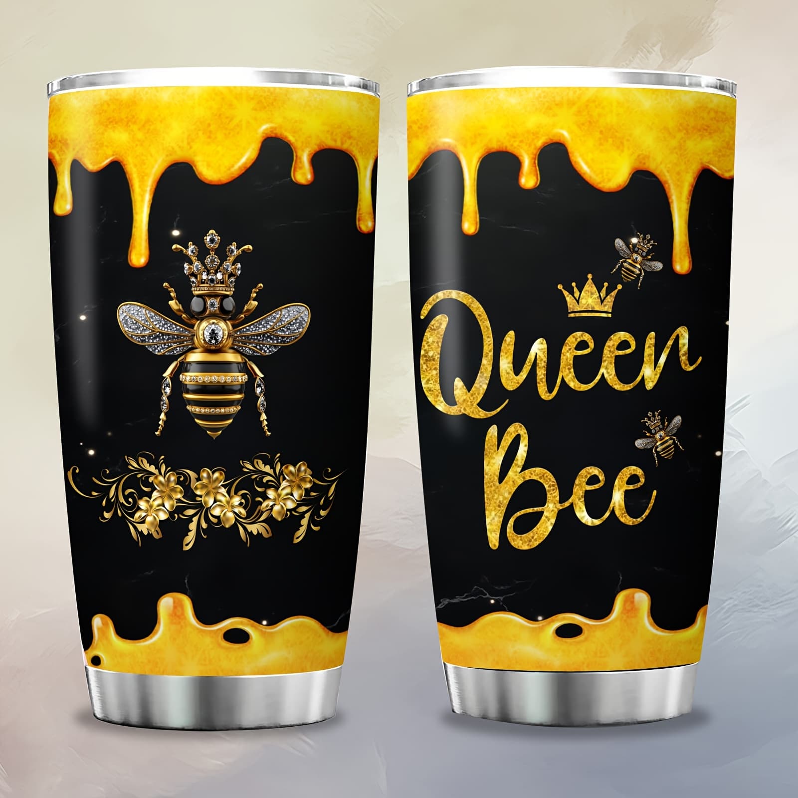 TEMU 1pc Queen Bee Tumbler, 20oz Stainless Steel Insulated Travel Mug With Lid And Straw, Gift For Women, Oval Shape, Hand Wash Only, Ideal For Christmas, Thanksgiving, Valentine's, , Grandparents Day