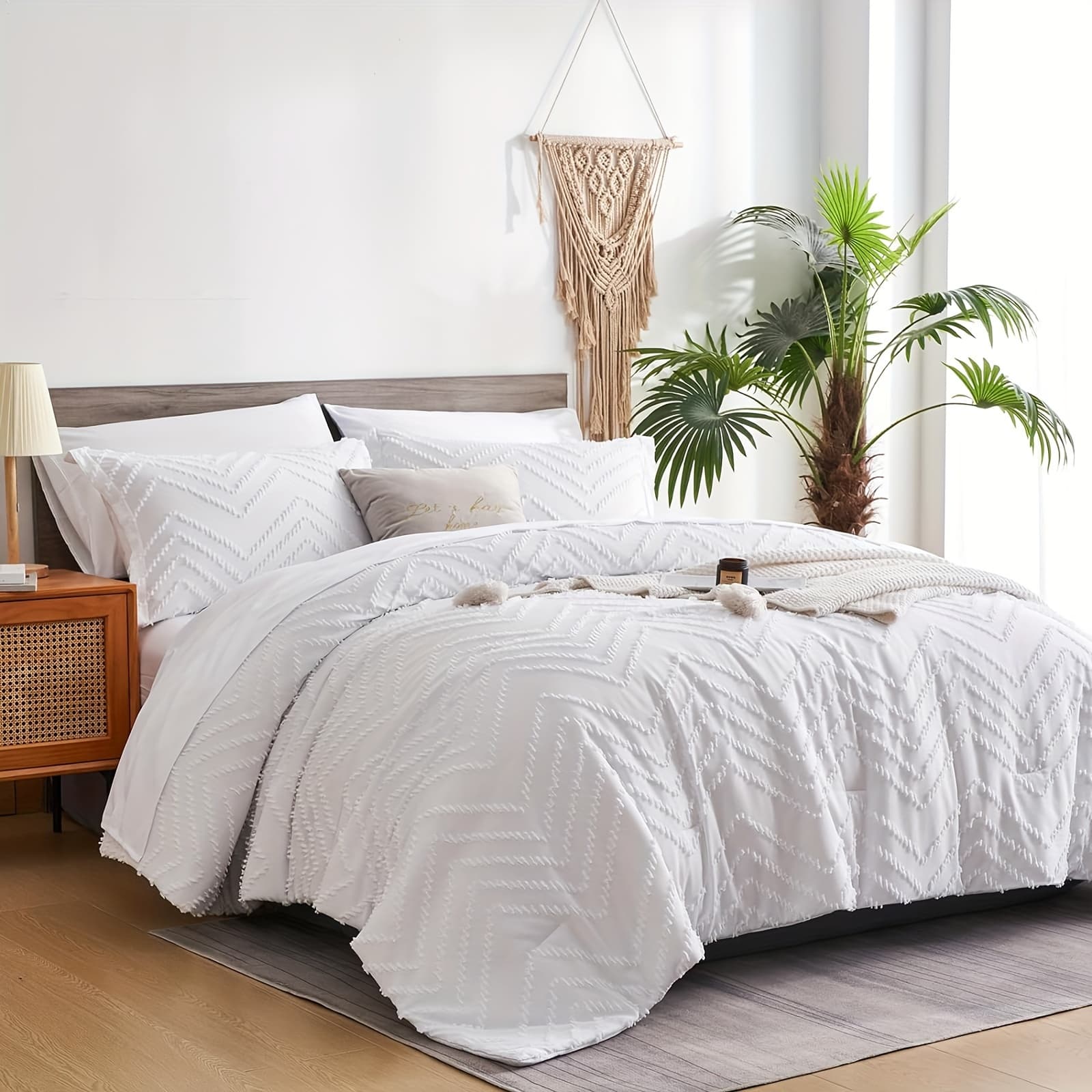 TEMU 7pcs Chevron Boho Shabby Chic Farmhouse Comforter Set, Tufted Bed In A Bag Queen And King Size, Soft Microfiber Lightweight Bedding Set For All