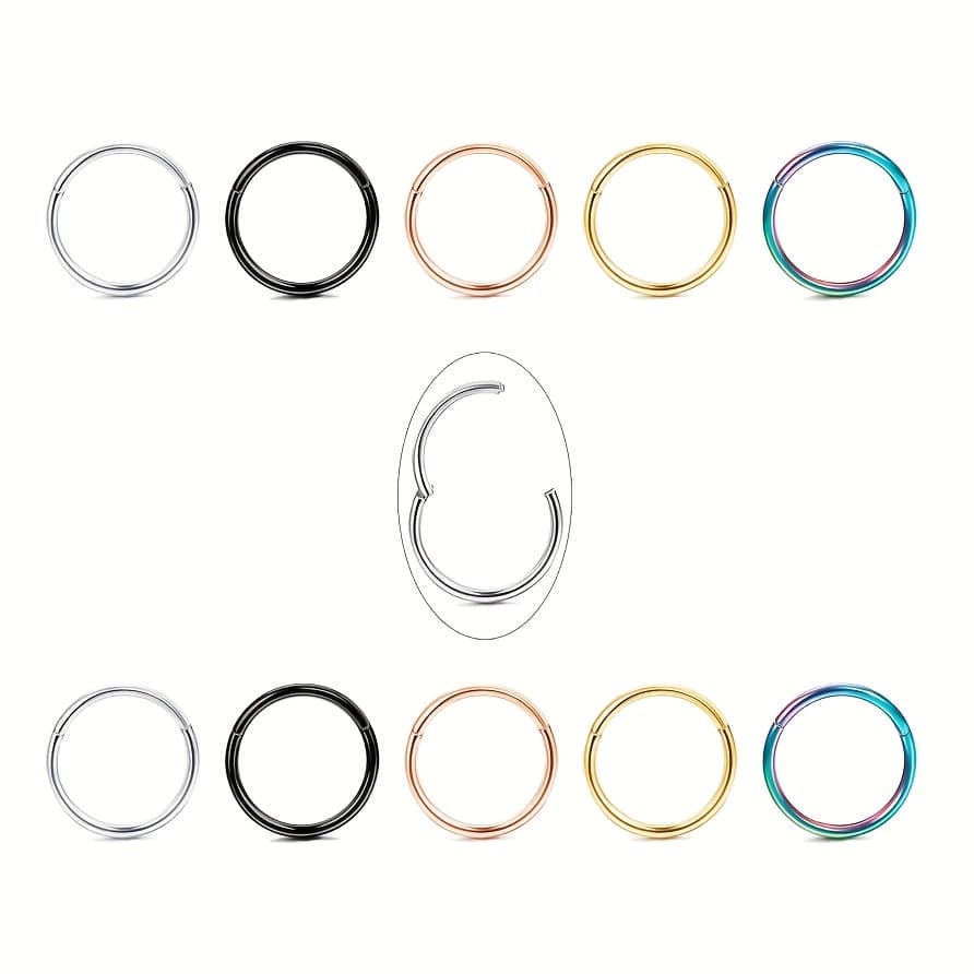 TEMU 10pcs Elegant Stainless Steel Hinge Clicker Segmented Nose Rings And Spiral Cartilage Tragus Earrings - Suitable For Daily Wear And Parties, Compatible