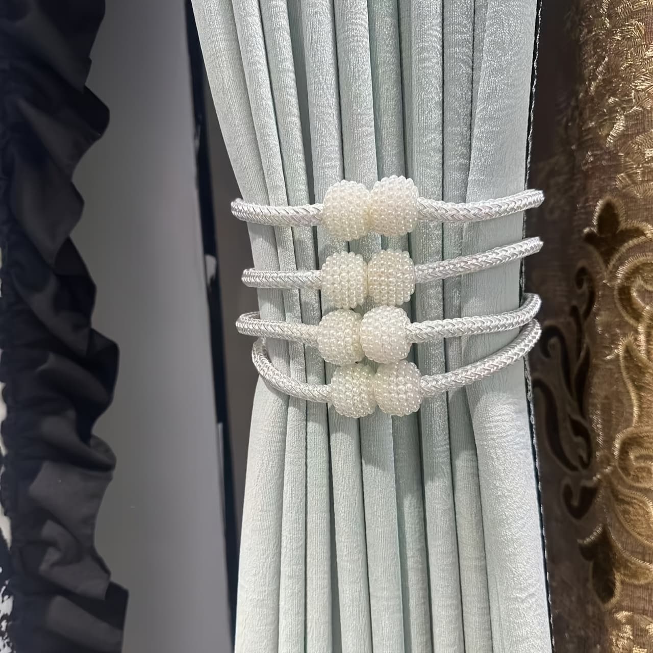 TEMU 4pcs White Curtain Tiebacks, No-drill Decorative Pearl Ties With Snap Hooks For - Space-saving Stylish Bedroom And Living Room Window Drapery Holders