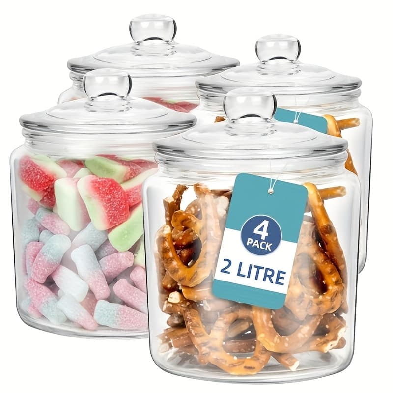 TEMU Set Of 4 Half-gallon Glass Jars Complete With Lids, Labels, And Spoons - Sealed Glass Containers Ideal For Laundry Pods, Candies, Coffee, And Sugar - For Organizing And Storing