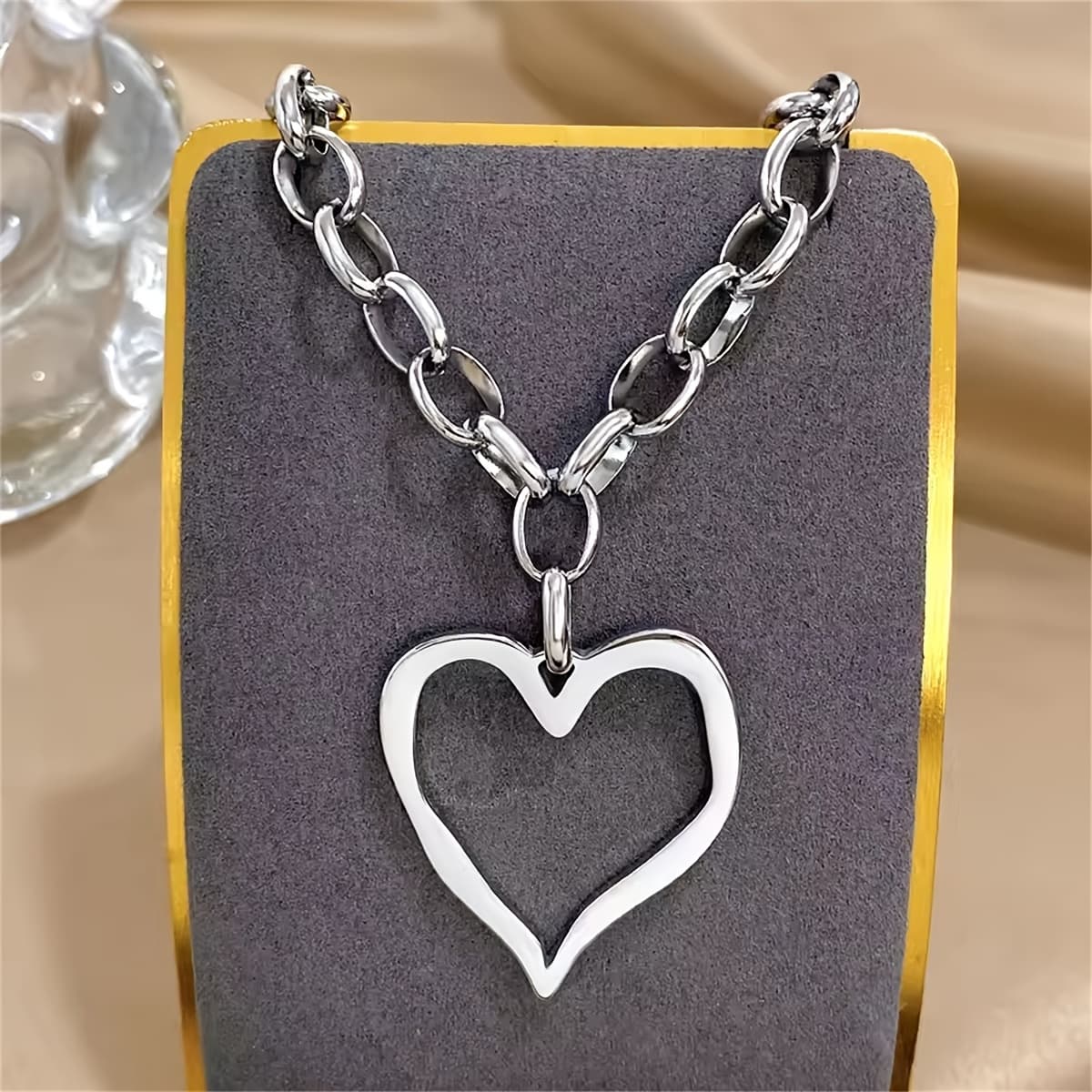 TEMU Trend Stainless Steel Irregular Hollow Big Heart Pendant Necklace For Women Golden Metal Thick Sweater Chain Necklace Jewelry