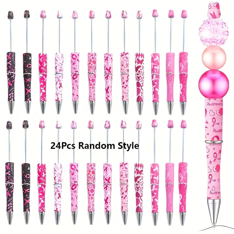 TEMU 24pcs Random Style Plastic Bead Pens Bulk Pink Beadable Ballpoint Pens With Black Ink For Making Back-to-school Gift School Office Supplies