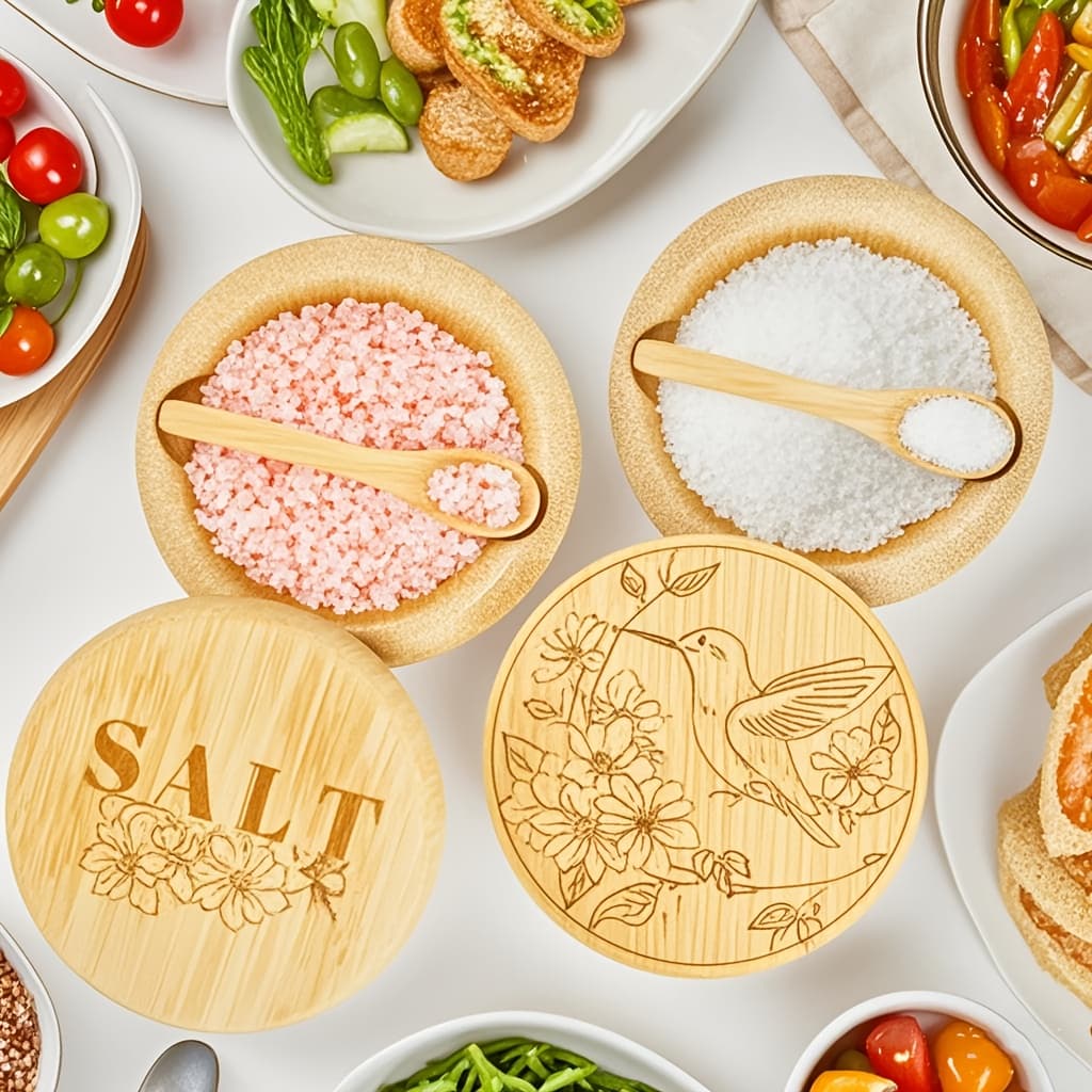 TEMU 2pcs Bamboo Seasoning Jar, Round, Rotatable, Magnetic Suction Lid, Kitchen Storage Jar With Spoon, Forest Seasoning Wooden Jar