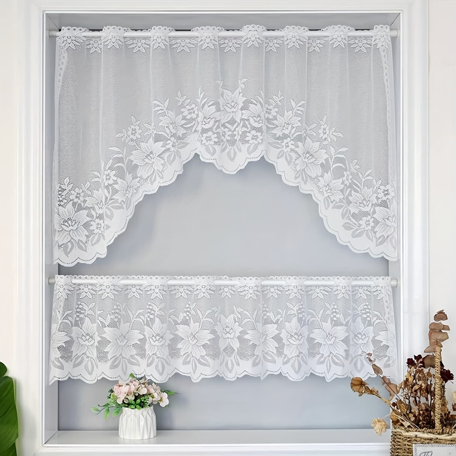 TEMU 2pcs French Country Floral Lace Kitchen Curtains - Lightweight, Semi-sheer Window Drapes For Living Room & Bedroom Decor
