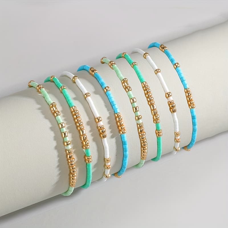 TEMU 8pcs Bohemian Stackable Turquoise Metallic Bead Bracelet Set Vintage Ethnic Rice Beads Elastic Bracelets Colors Beaded Wristband Vacation Travel Beach Party Bangle Jewelry
