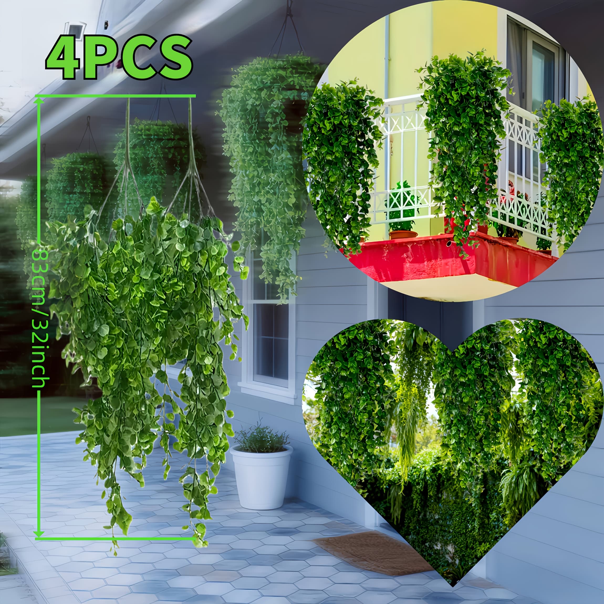TEMU 4-pack Uv Resistant Artificial Ivy Vine, Realistic Hanging Fern For Indoor Outdoor Wall Art, Porch And Garden Decor