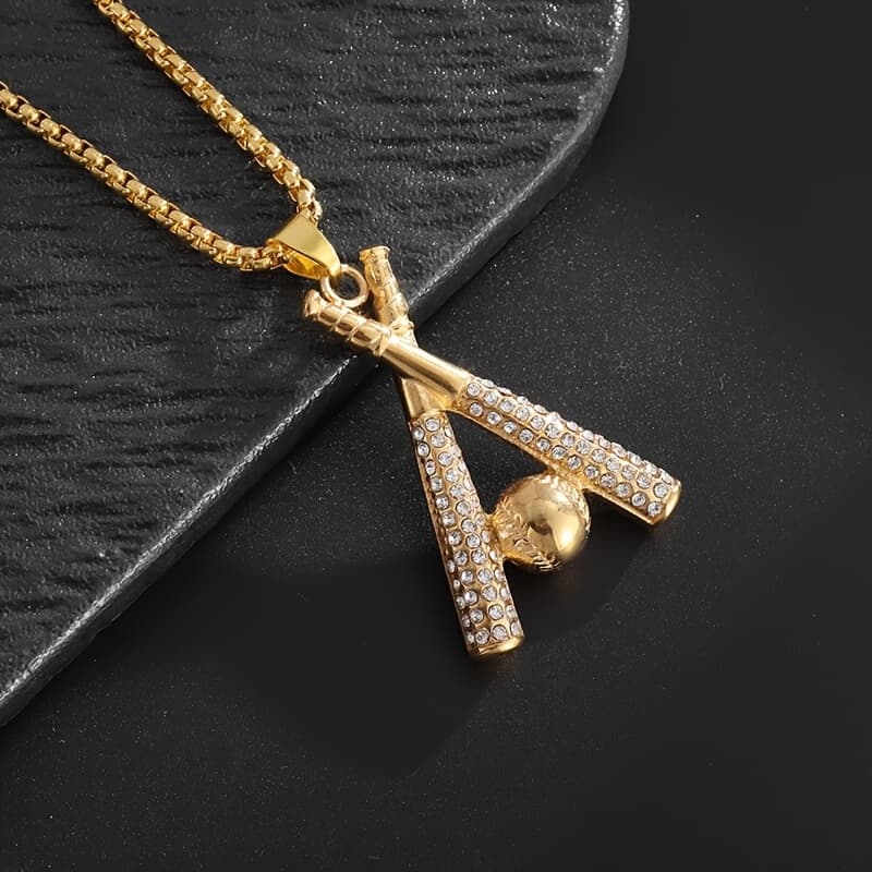 TEMU 1 Hip-hop Cool Synthetic Cubic Zirconiaia Baseball Bat Necklace, Men's Sports And Leisure Trendy Jewelry Gift