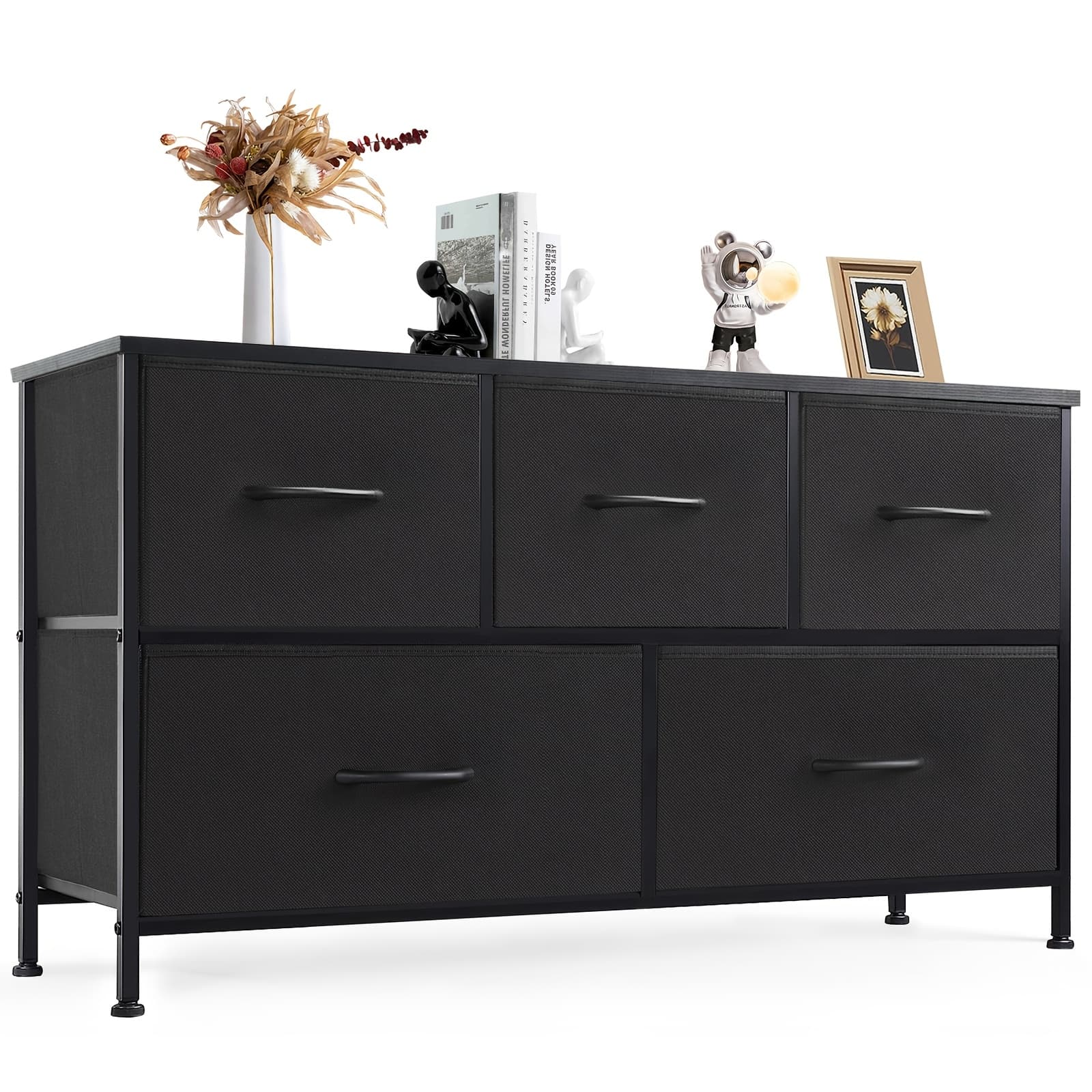 TEMU Storage Cabinet With 5 Drawers: Fabric Closet Organizer, Metal Frame And Wood Tabletop, Ideal Chest Storage And Storage Cabinet , Living Room And Bed Room, In Brown, Black, Gray And