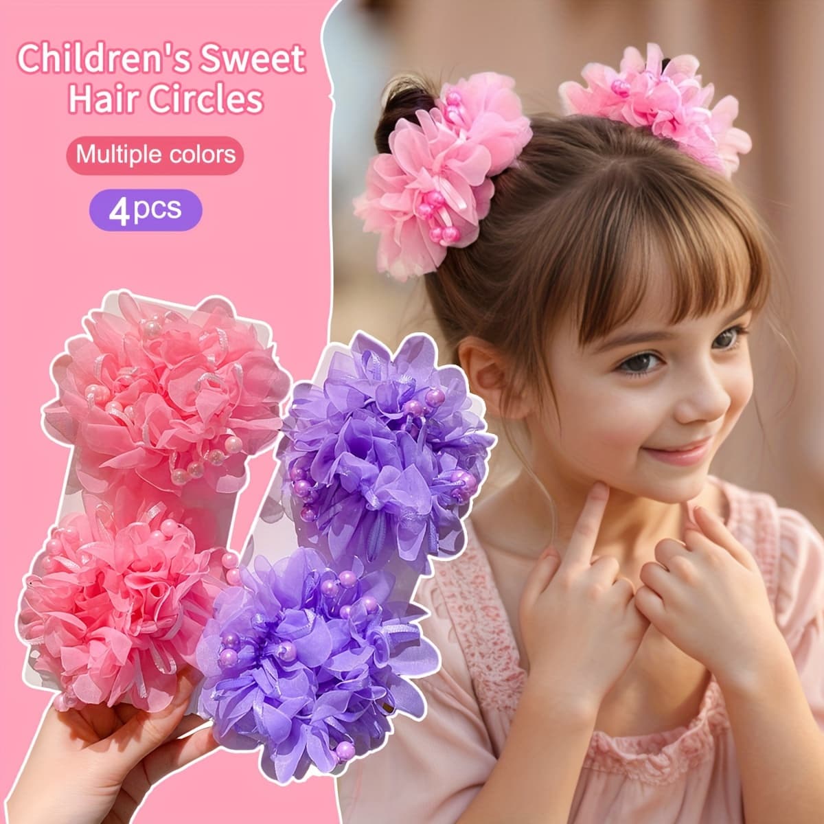 TEMU 4pcs Of Hair Accessories, Pink-purple Lace, High , Hair-friendly Hair Ties