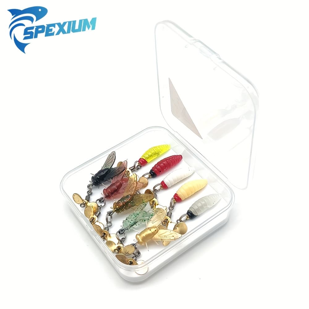 TEMU 10pcs Spexium Fly Bait Set With Box And Rotating Sequins, Breadworms, Insects, , Flies, Fake Bait, Trout, Bait
