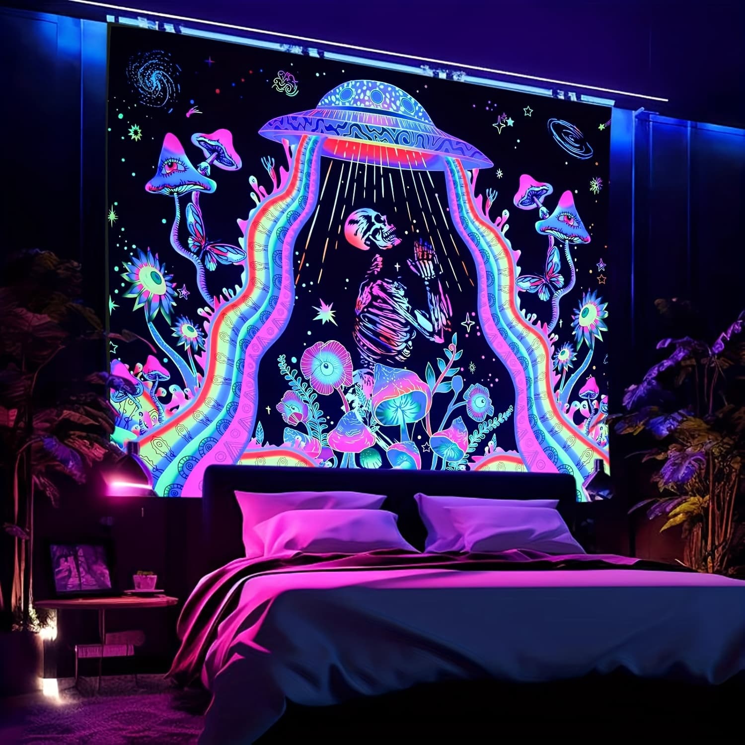 TEMU Sinsoledad Blacklight Tapestry For Bedroom, Glow In The Dark Mushroom Floral Wall Hanging, Black Light Ufo Skeleton Tapestries, Tapestry For Men Dorm Room Decor 59"x51"